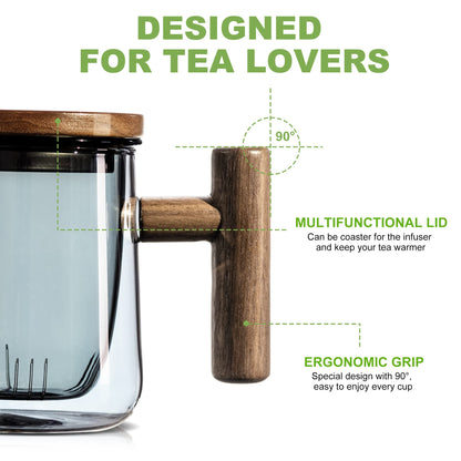 Susteas Glass Tea Cup with Lid and Infuser(Grey)