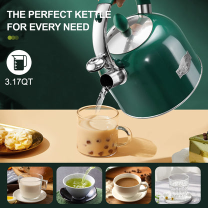 3.17QT Chic Retro Whistle Tea Kettle Work for All Stovetops (Green)