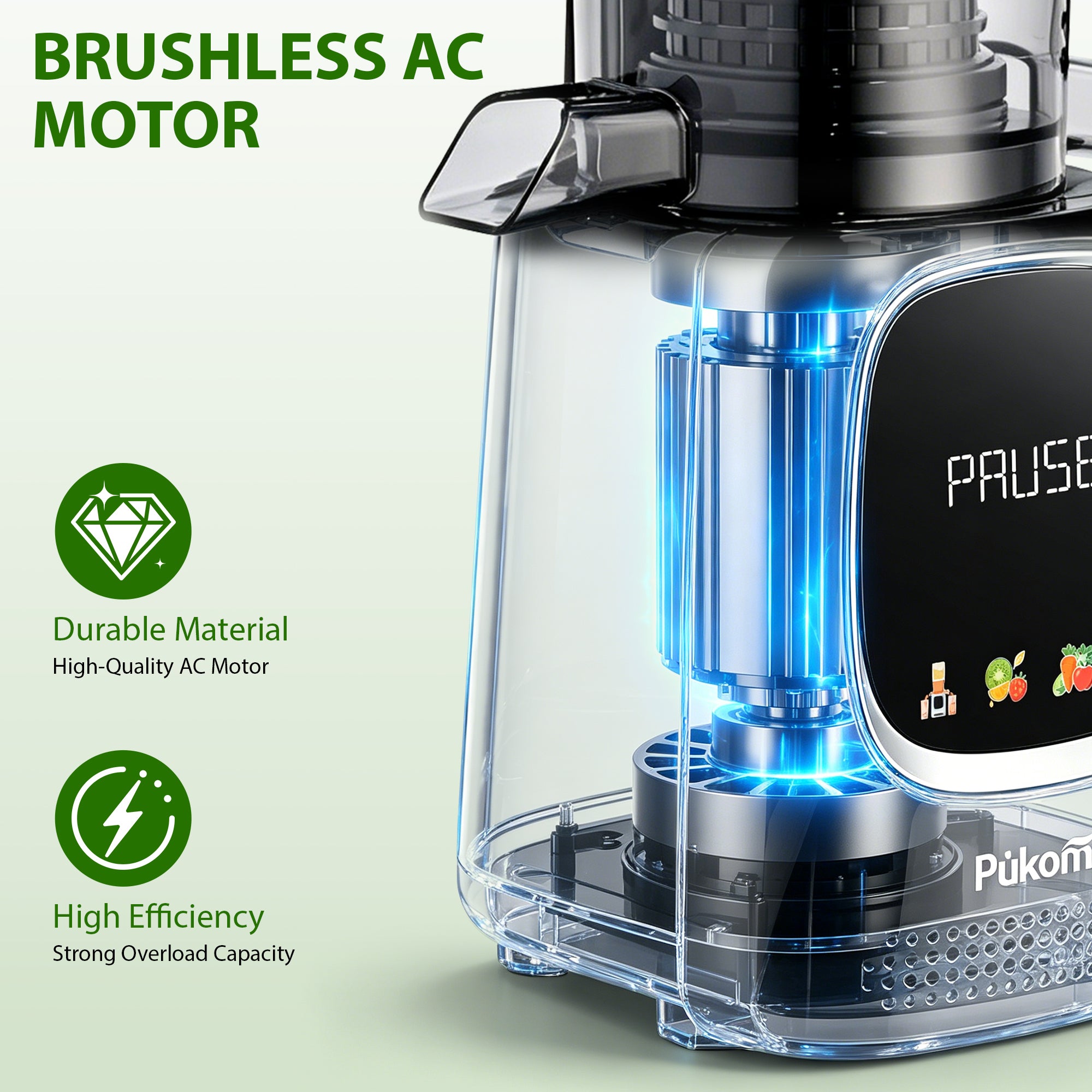 Pukomc Cold Press Juicer – Slow Masticating Juicer Machine for Orange, Fruits & Vegetables 300 W/110-120V 5.3''Feed Chute 802S