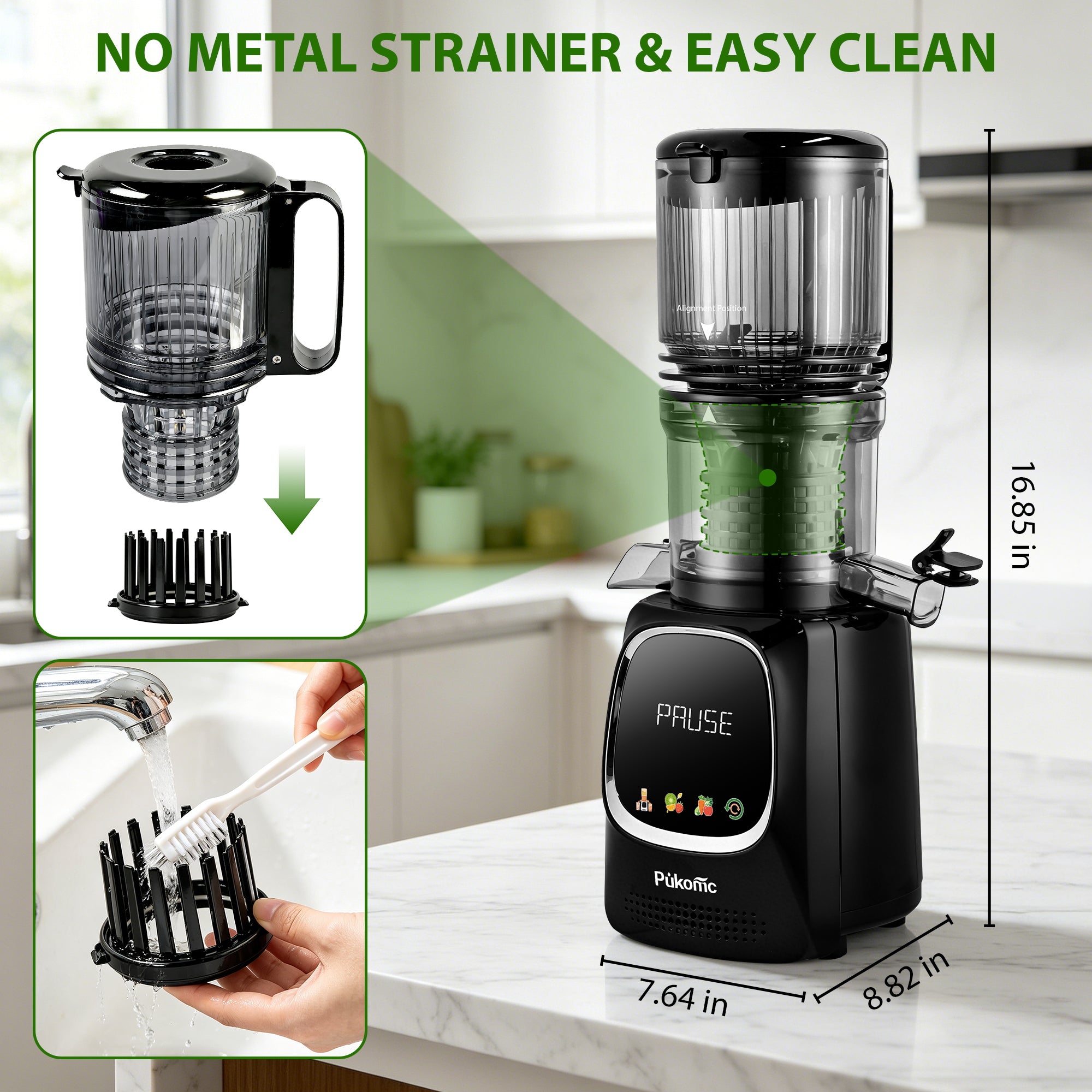 Pukomc Cold Press Juicer – Slow Masticating Juicer Machine for Orange, Fruits & Vegetables 300 W/110-120V 5.3''Feed Chute 802S