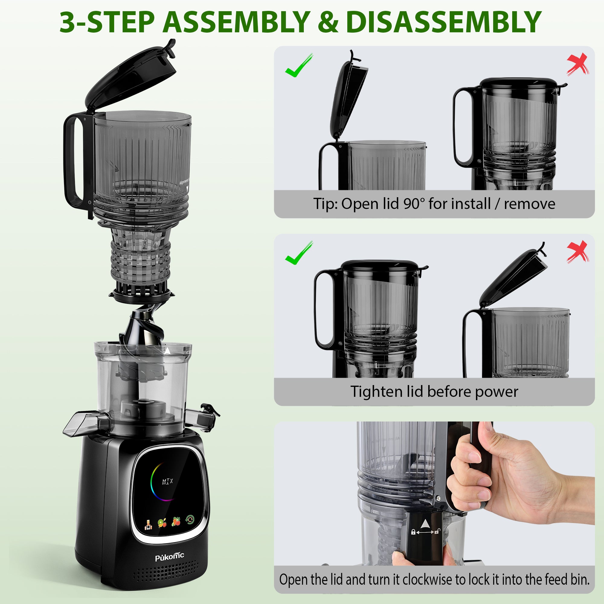 Pukomc Cold Press Juicer – Slow Masticating Juicer Machine for Orange, Fruits & Vegetables 300 W/110-120V 5.3''Feed Chute 802S