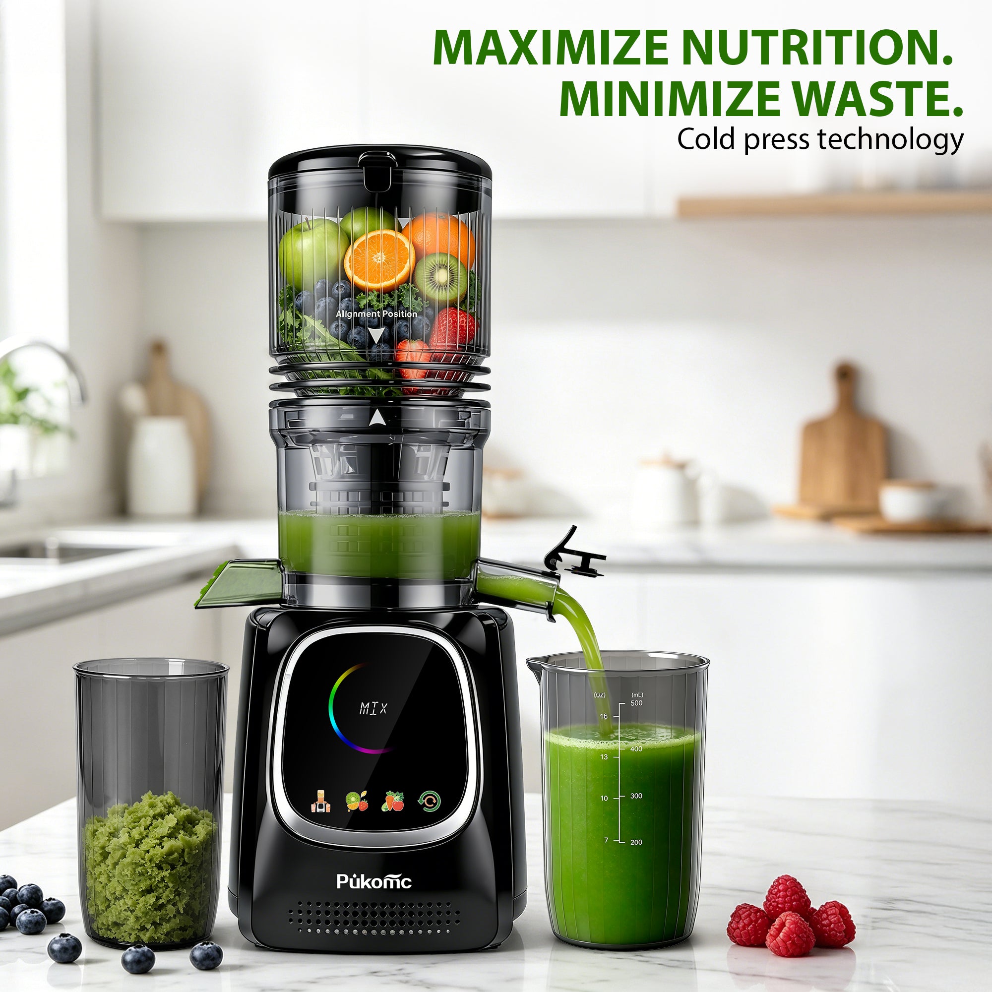 Pukomc Cold Press Juicer – Slow Masticating Juicer Machine for Orange, Fruits & Vegetables 300 W/110-120V 5.3''Feed Chute 802S