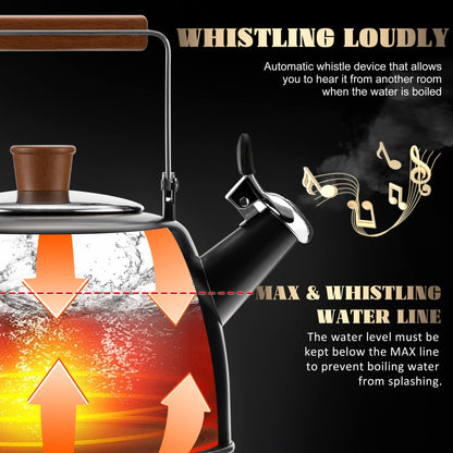 SUSTEAS 2.3QT Whistling Teapot for Stovetop(Black)