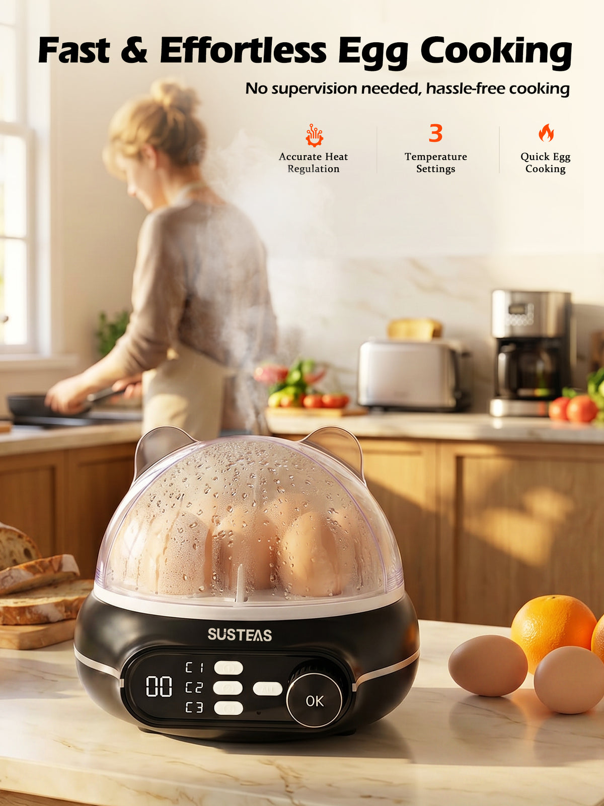 Rapid Egg Cooker 9 Eggs Capacity, Soft, Medium, Hard Boiled Egg Cooker ZD7000 - SUSTEAS
