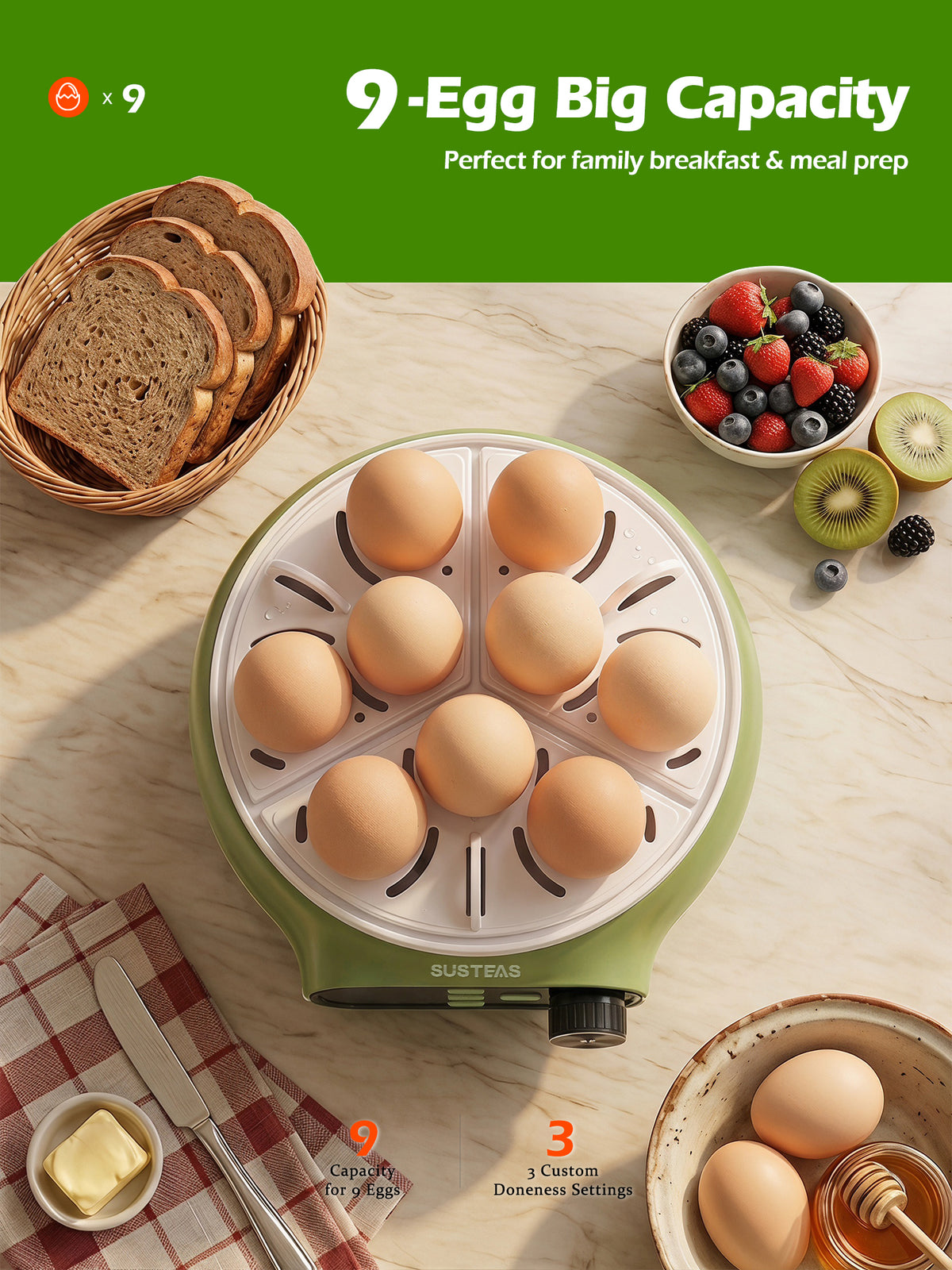 Rapid Egg Cooker 9 Eggs Capacity, Soft, Medium, Hard Boiled Egg Cooker ZD7000 - SUSTEAS