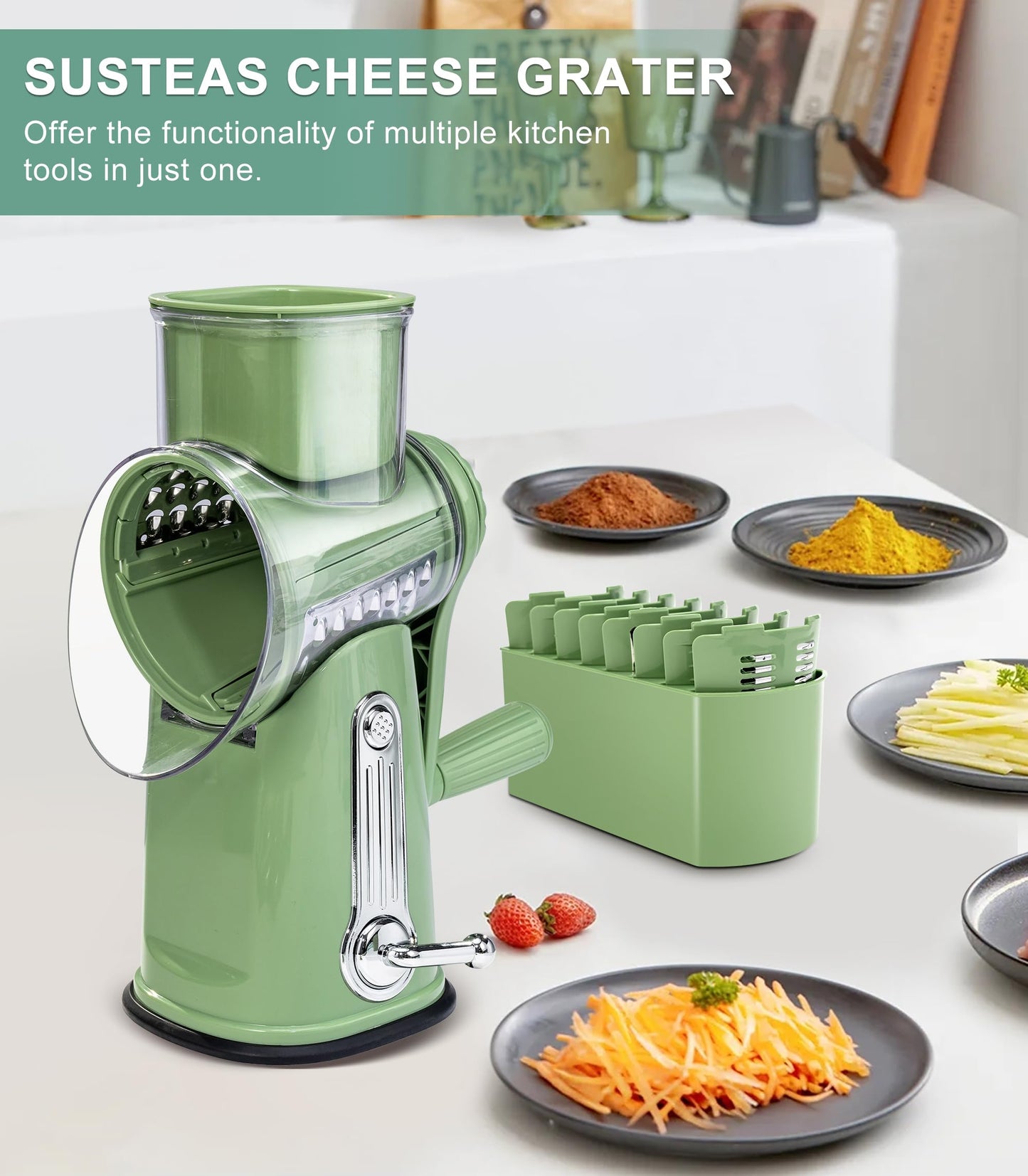 SUSTEAS Rotary Cheese Grater with Handle, Vegetable Food Shredder with 5 Well-designed Blades & Strong Suction Base, Round Mandoline Slicer & Fruit Slicer for Kitchen(Green)