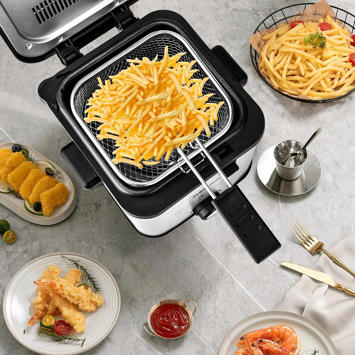 SUSTEAS® Electric Countertop Deep Fryer 1.5L with Viewing Window and Adjustable Temperature (MR15C1)