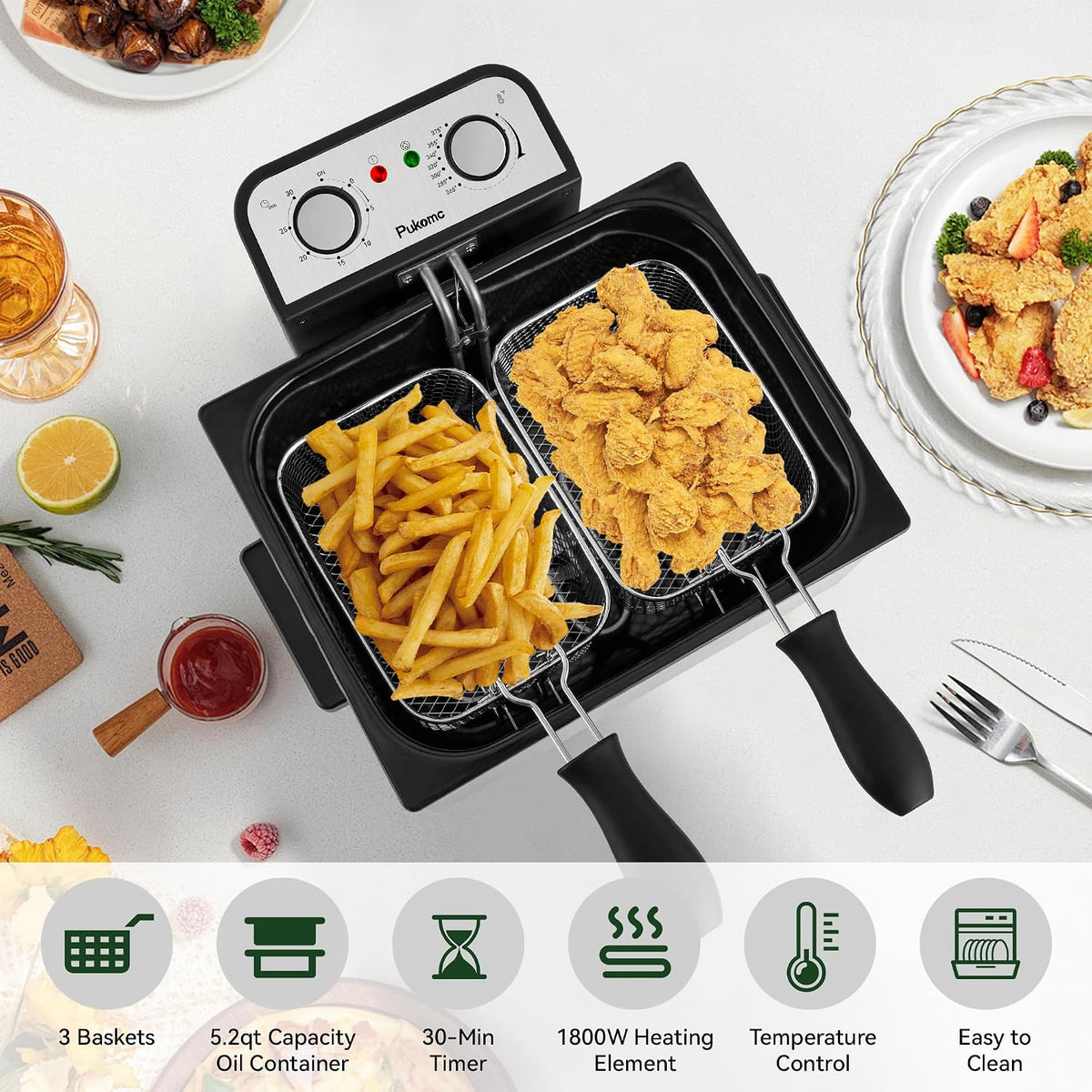 SUSTEAS® Electric Deep Fryer 5L with 3 Baskets & Viewing Window Lid (TSAF40DH-3)
