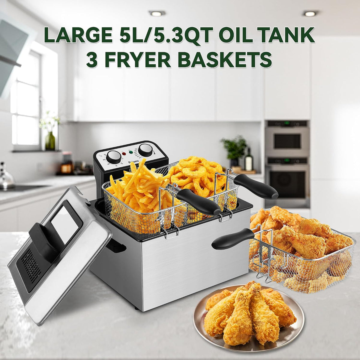 SUSTEAS® Electric Deep Fryer 5L with 3 Baskets & Viewing Window Lid (TSAF40DH-3)