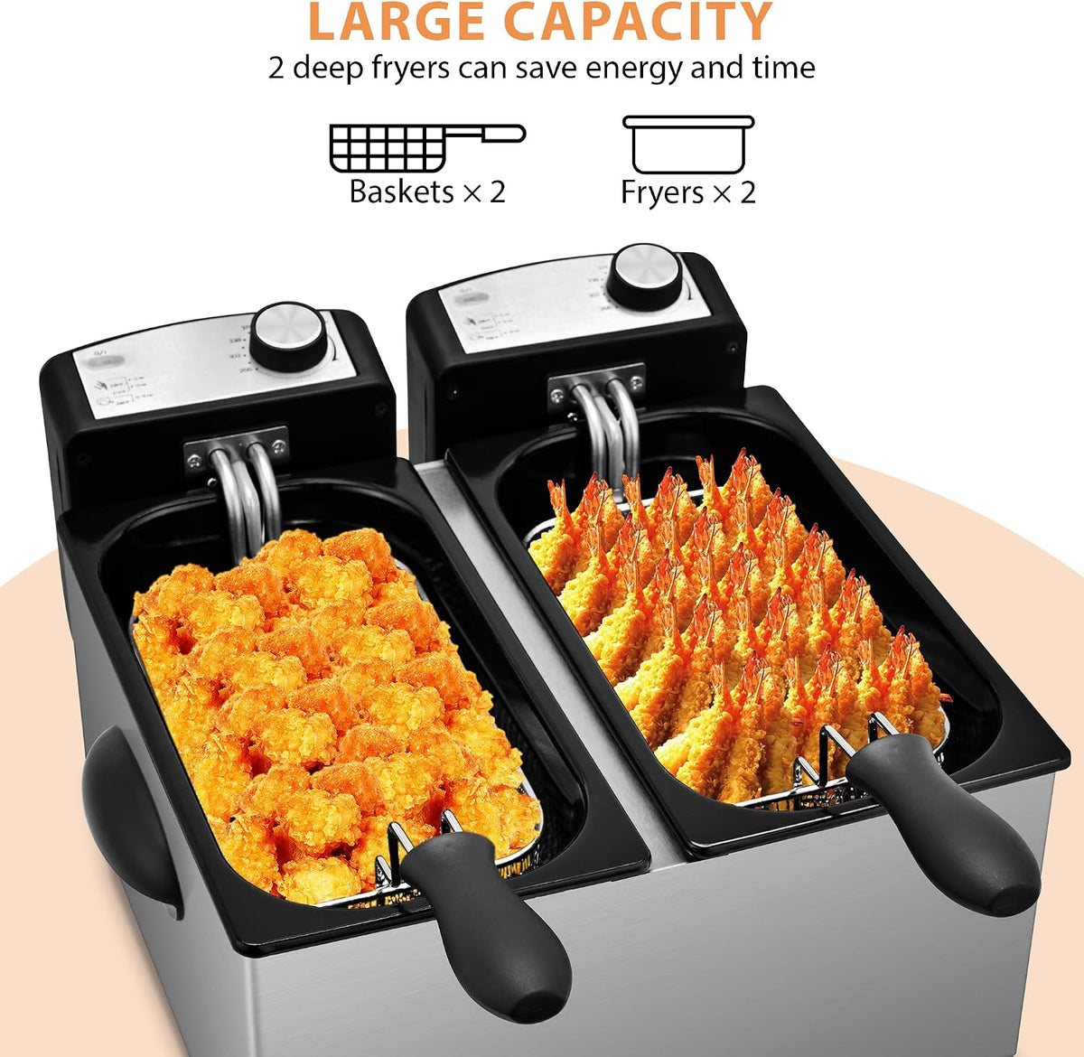SUSTEAS® Electric Deep Fryer 6L with 2 Basket & Independent Temperature Control (MPS130DL-1)