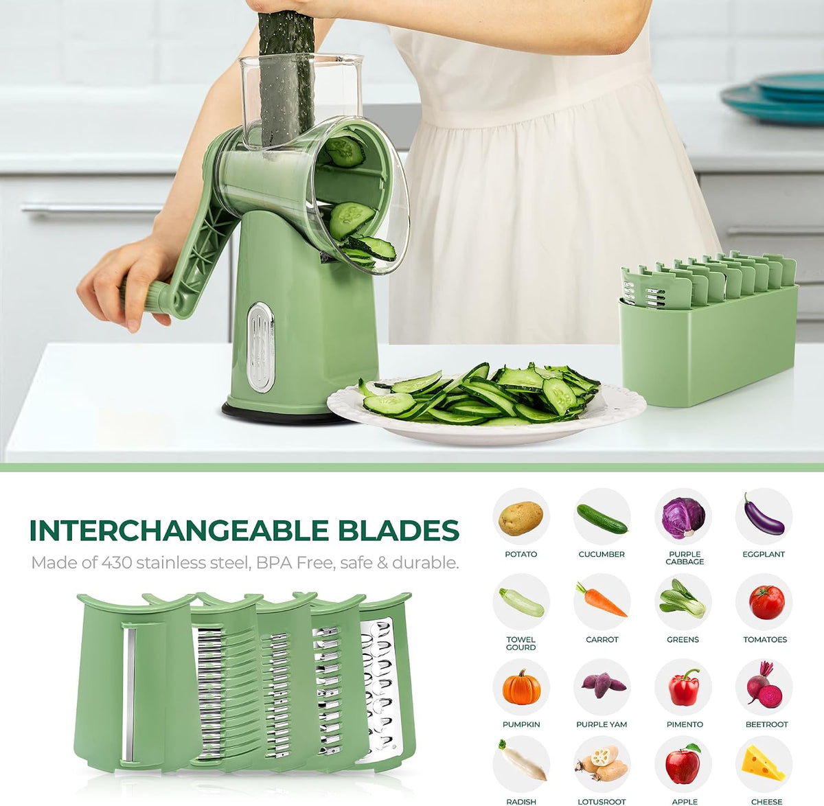 SUSTEAS® Rotary Cheese Grater with 5 Interchangeable Blades (LS-1070)