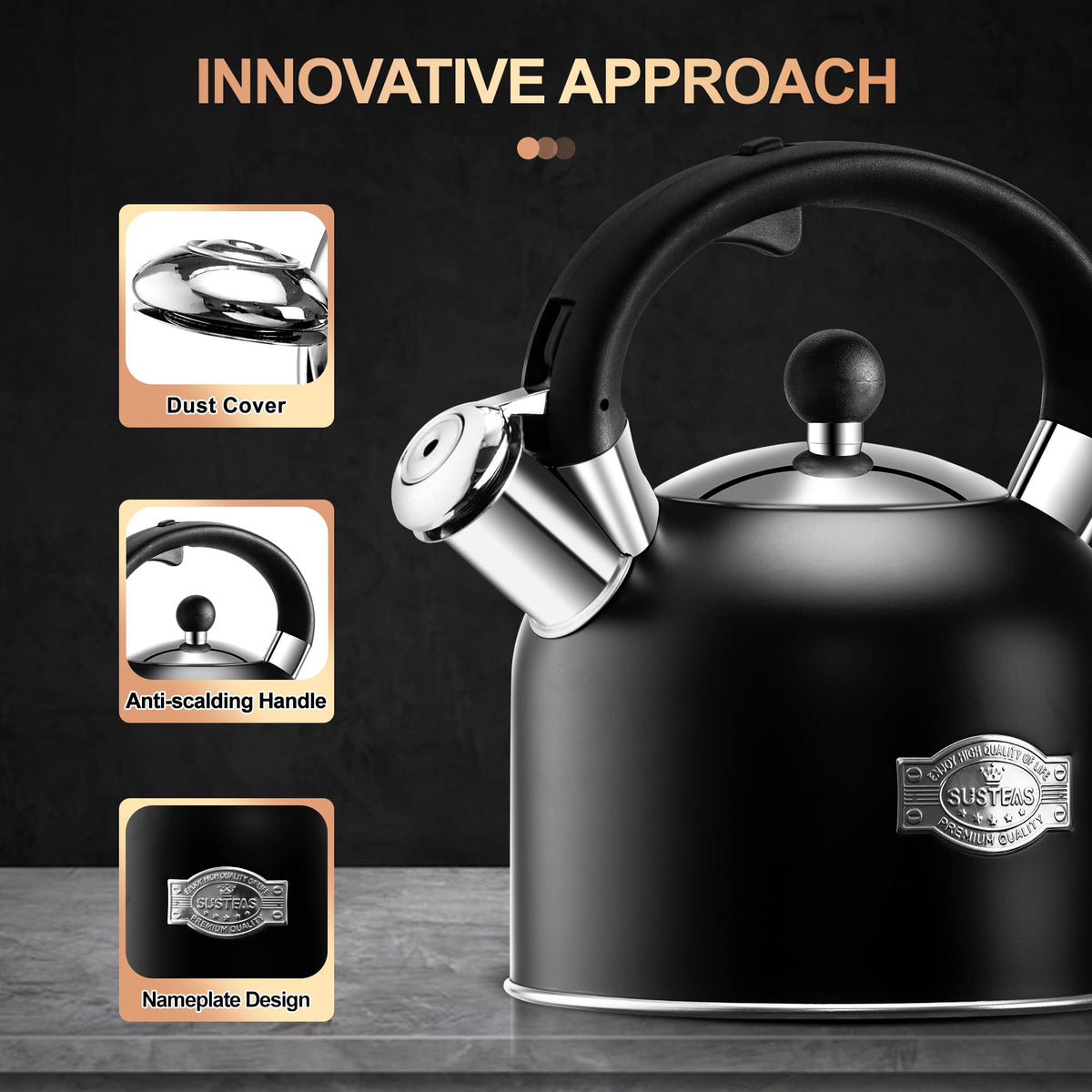 Stovetop Whistling Tea Kettle Stainless Fast Heating Gas Induction Fast Heating 3.17QT - SUSTEAS