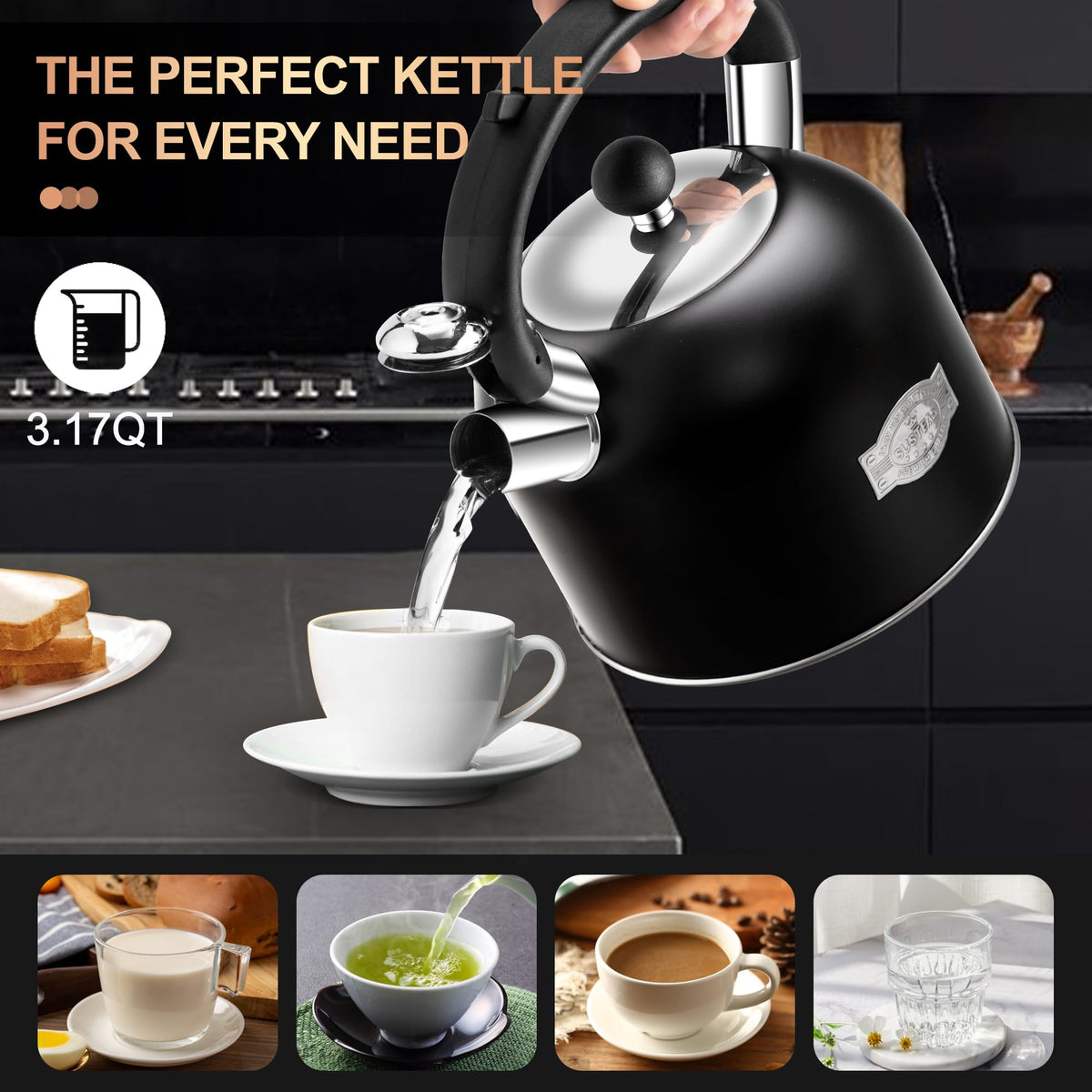 Stovetop Whistling Tea Kettle Stainless Fast Heating Gas Induction Fast Heating 3.17QT - SUSTEAS