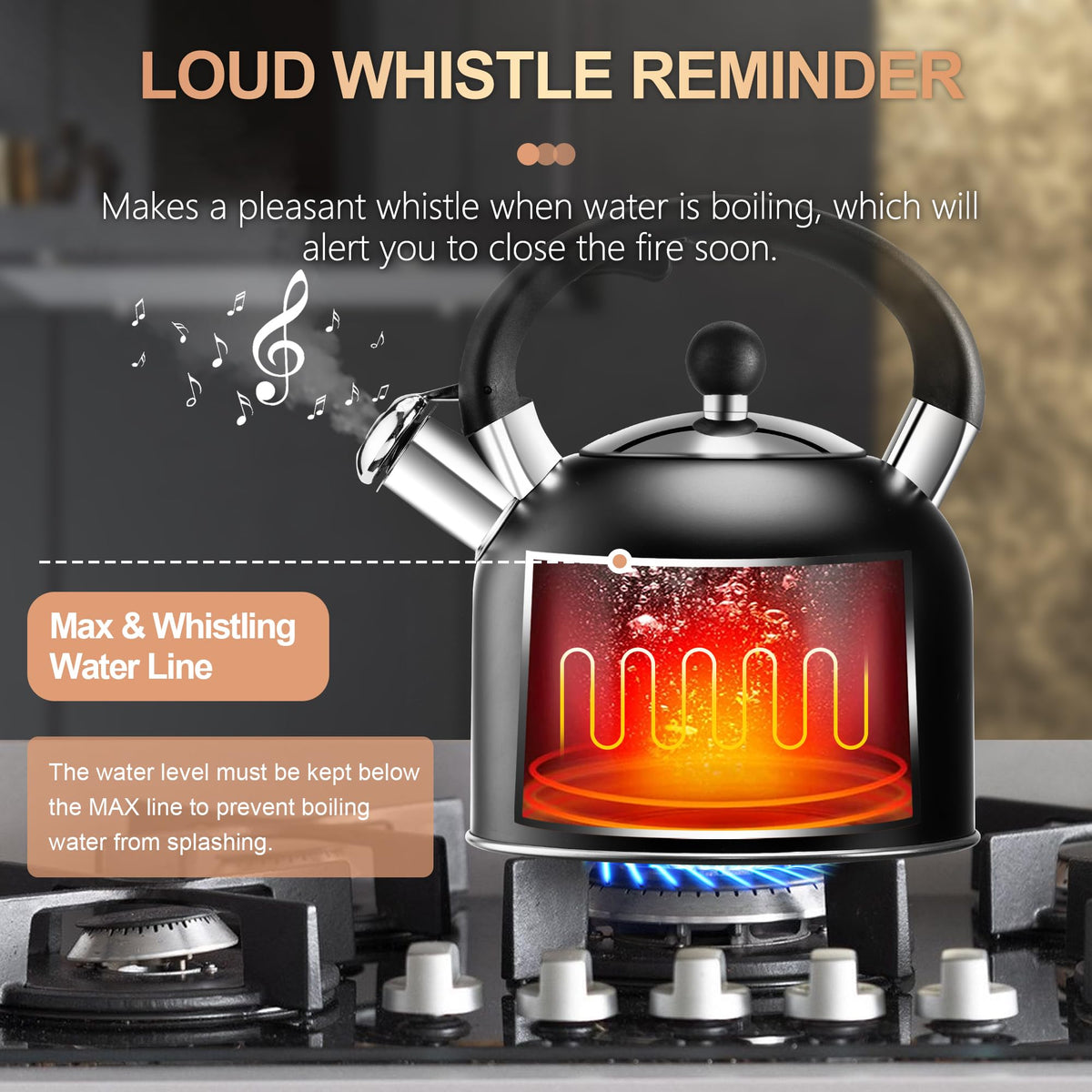 Stovetop Whistling Tea Kettle Stainless Fast Heating Gas Induction Fast Heating 3.17QT - SUSTEAS