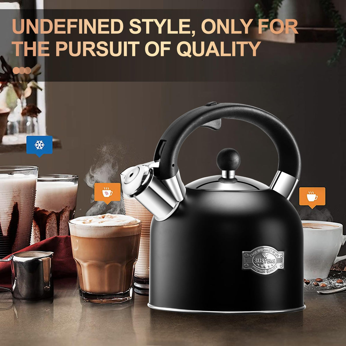 Stovetop Whistling Tea Kettle Stainless Fast Heating Gas Induction Fast Heating 3.17QT - SUSTEAS