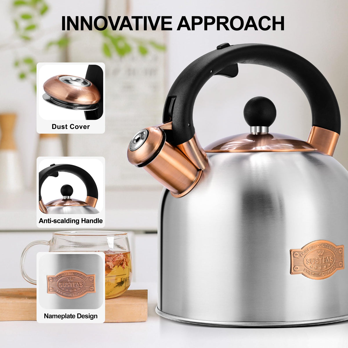 Stovetop Whistling Tea Kettle Stainless Fast Heating Gas Induction Fast Heating 3.17QT - SUSTEAS