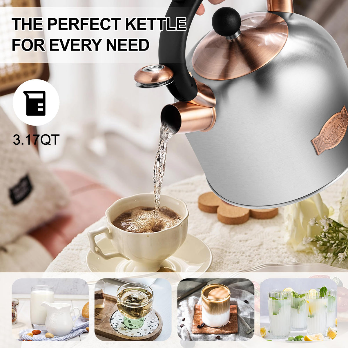 Stovetop Whistling Tea Kettle Stainless Fast Heating Gas Induction Fast Heating 3.17QT - SUSTEAS