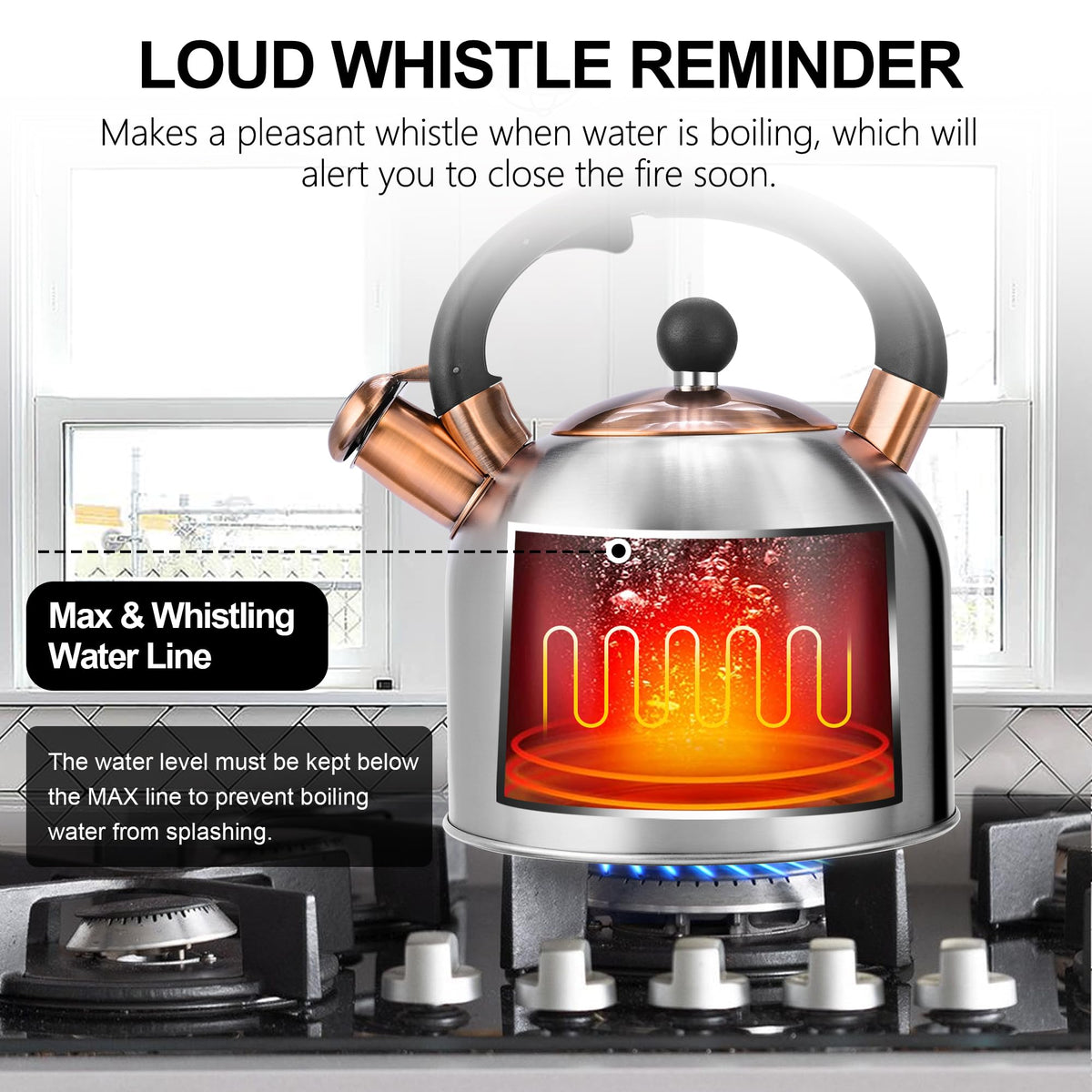 Stovetop Whistling Tea Kettle Stainless Fast Heating Gas Induction Fast Heating 3.17QT - SUSTEAS