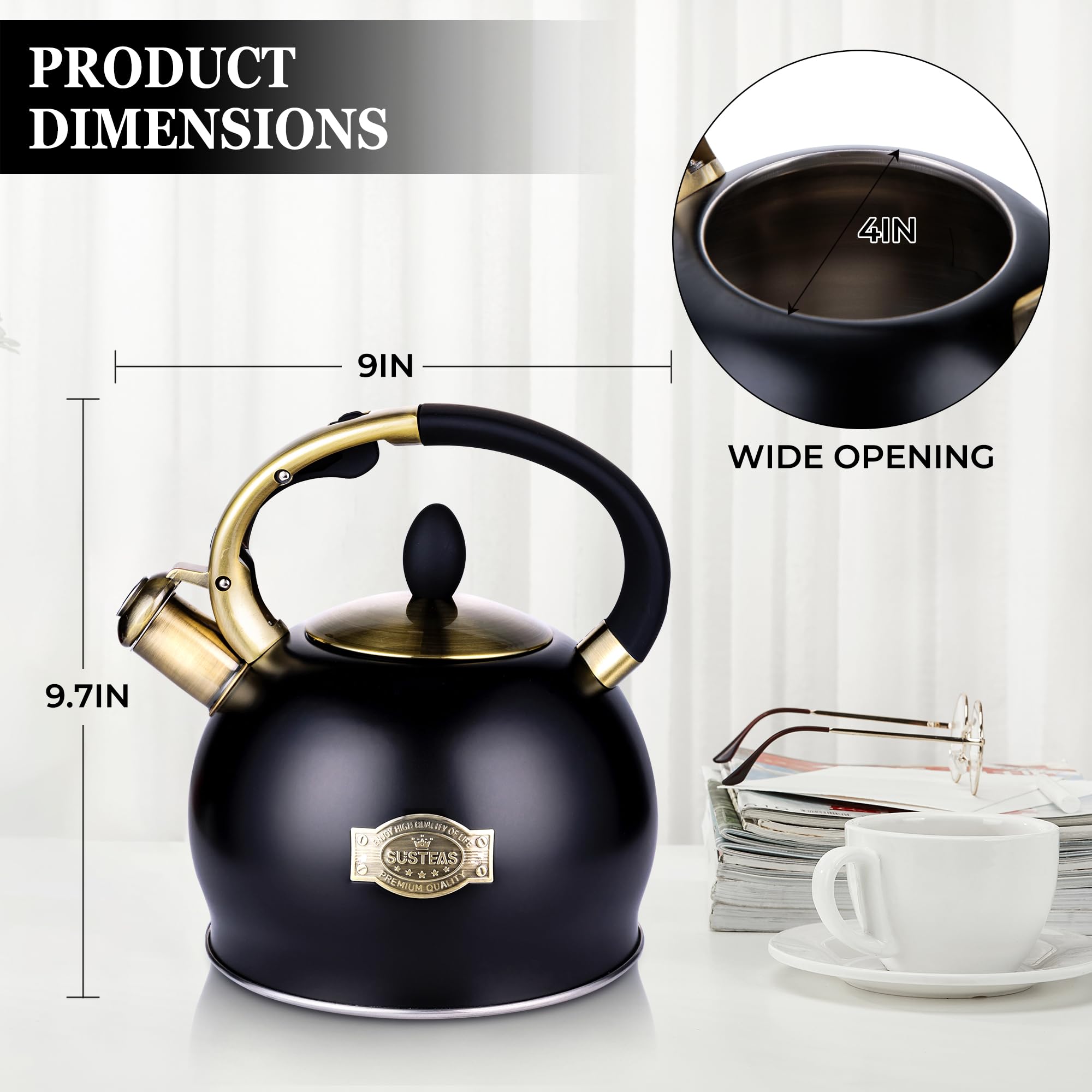 SUSTEAS® Whistling Tea Kettle Stainless Steel for Gas & Induction