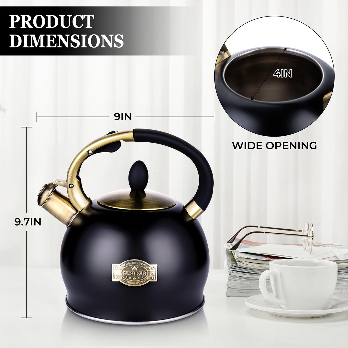 Stovetop Whistling Tea Kettle for Gas & Induction 2.64QT - SUSTEAS