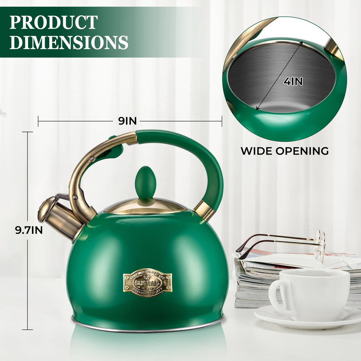 Stovetop Whistling Tea Kettle for Gas & Induction 2.64QT - SUSTEAS