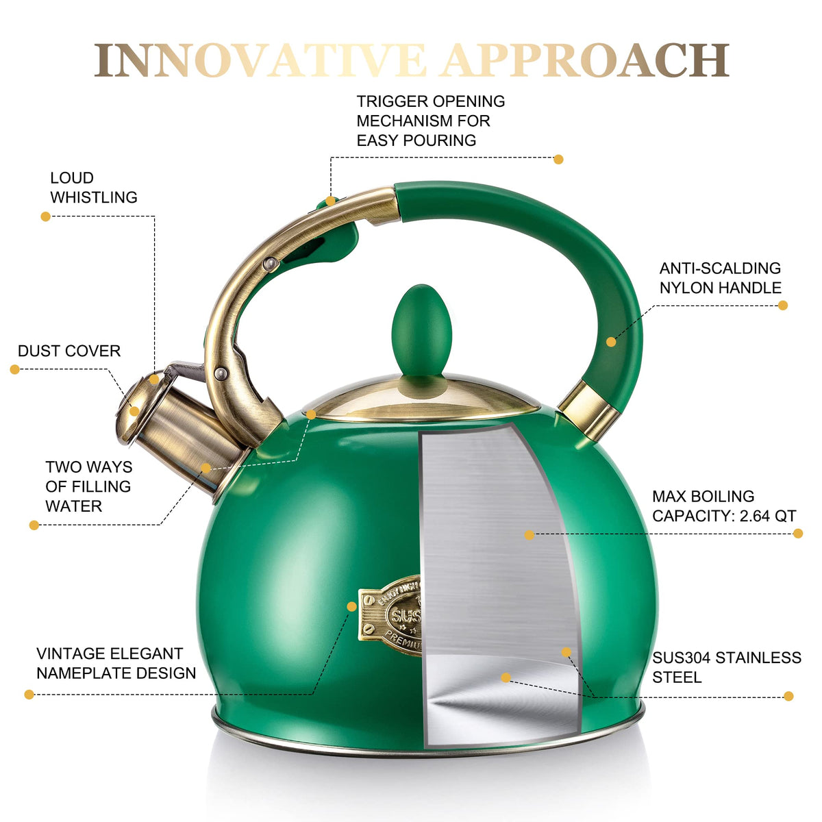 Stovetop Whistling Tea Kettle for Gas & Induction 2.64QT - SUSTEAS