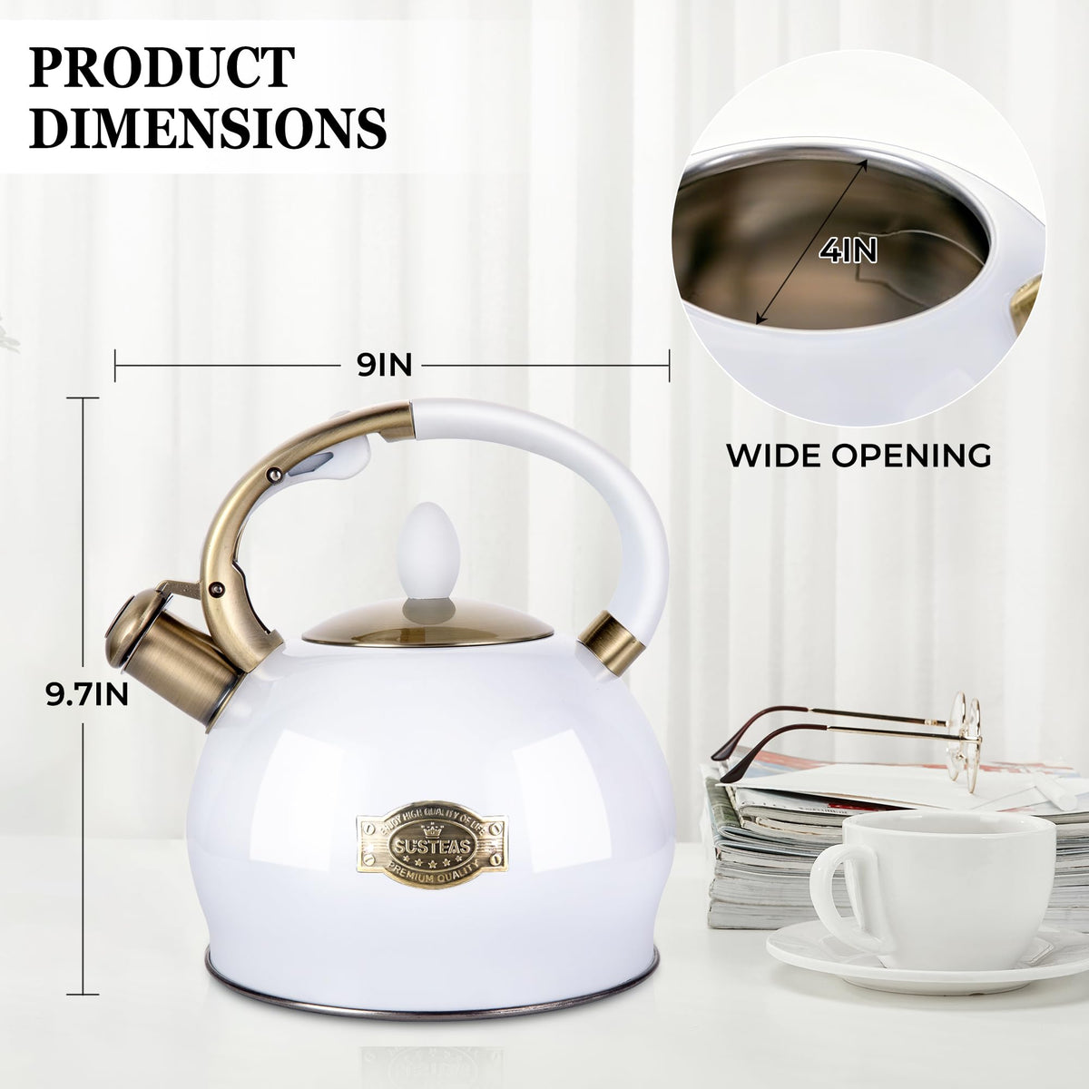 Stovetop Whistling Tea Kettle for Gas & Induction 2.64QT - SUSTEAS