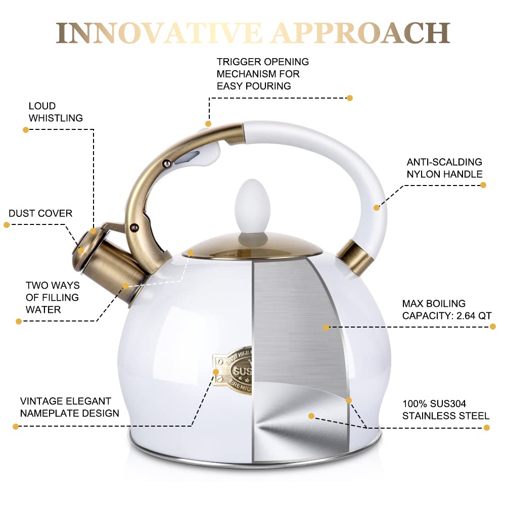 Stovetop Whistling Tea Kettle for Gas & Induction 2.64QT - SUSTEAS