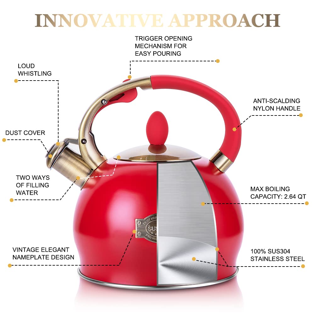 Stovetop Whistling Tea Kettle for Gas & Induction 2.64QT - SUSTEAS