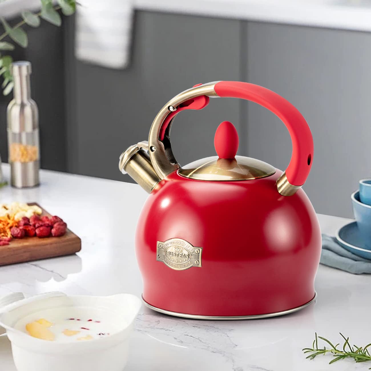 SUSTEAS ホイッスルケトル レッド Stovetop Whistling Tea Kettle Stainless Steel for Gas & Induction