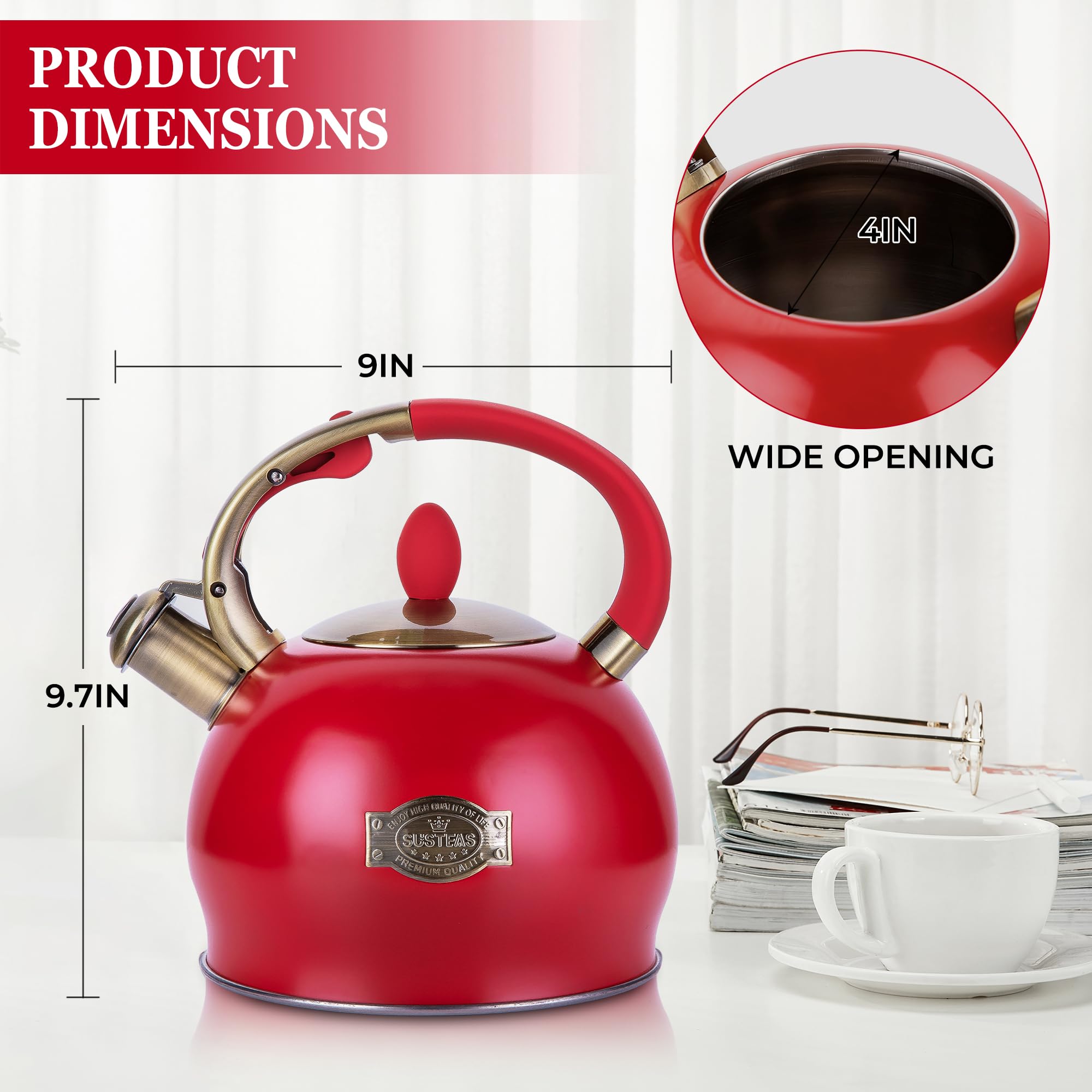SUSTEAS ホイッスルケトル レッド SUSTEAS® Whistling Tea Kettle Stainless Steel for Gas & Induction