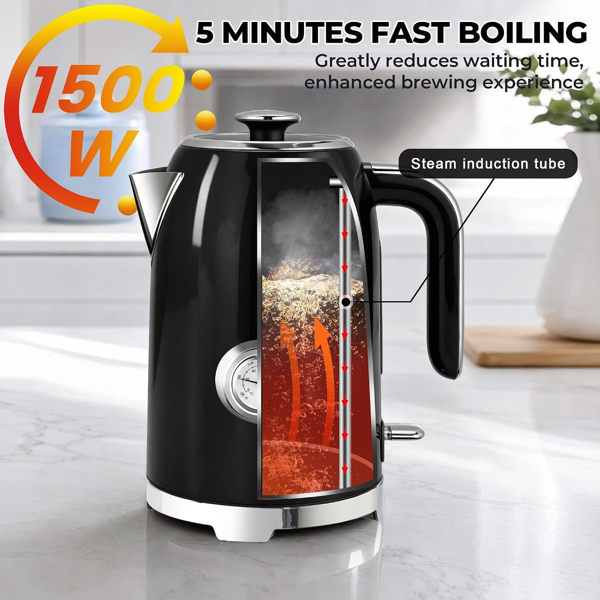 SUSTEAS® 1.7L Stainless Steel Electric Kettle with Thermometer (KE-1309BT)
