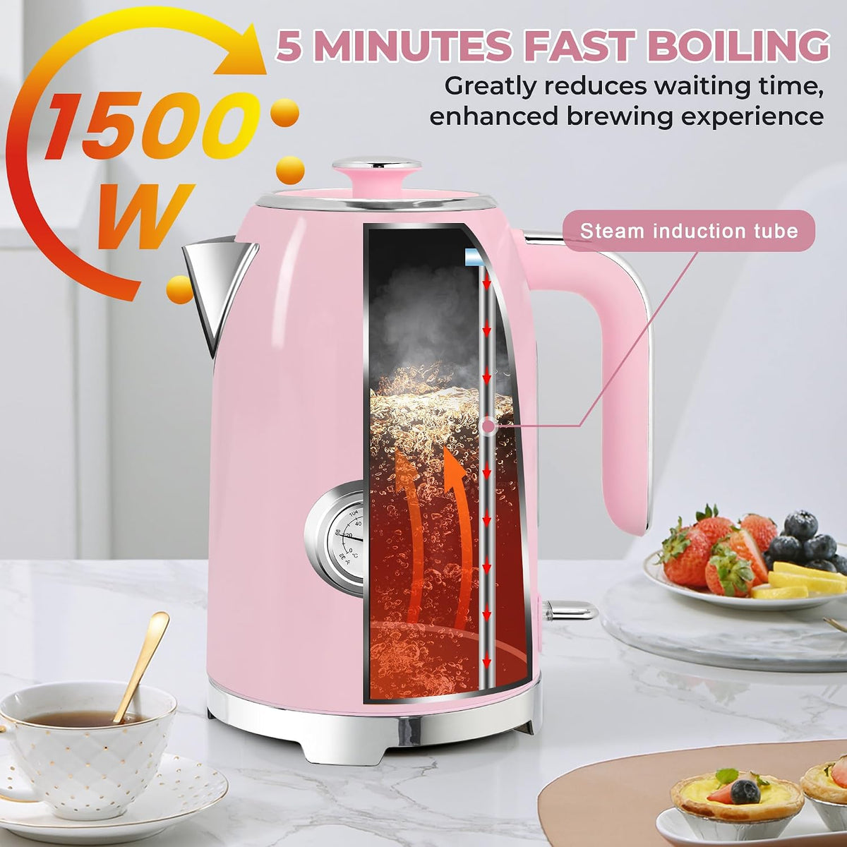 SUSTEAS® 1.7L Stainless Steel Electric Kettle with Thermometer (KE-1309BT)