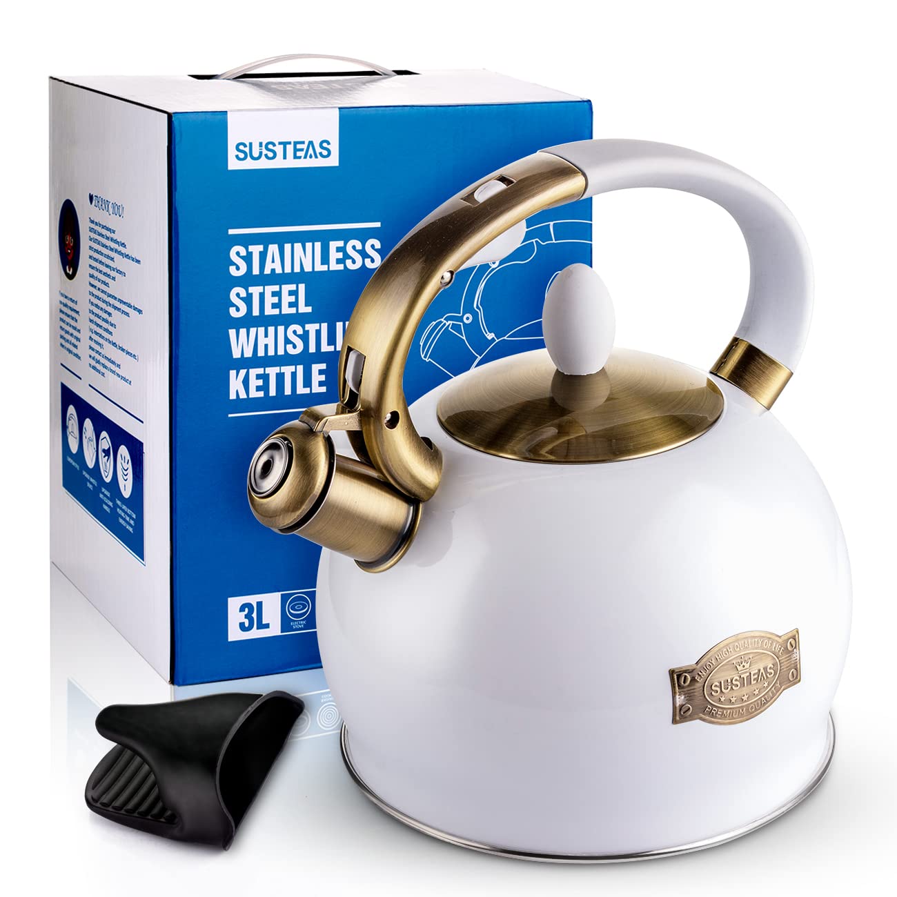 Modern Stainless Steel Surgical Whistling Teapot-Stove Top Teapot （White）