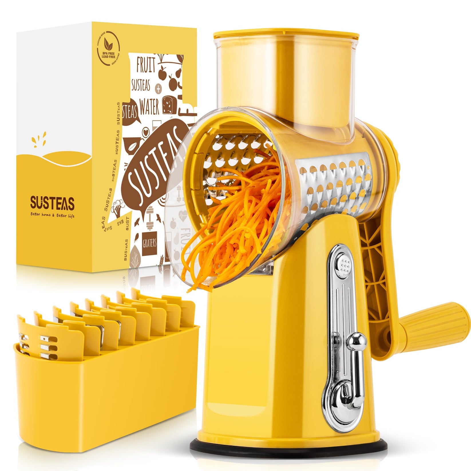 SUSTEAS Rotary Cheese Grater with Handle, Vegetable Food Shredder with