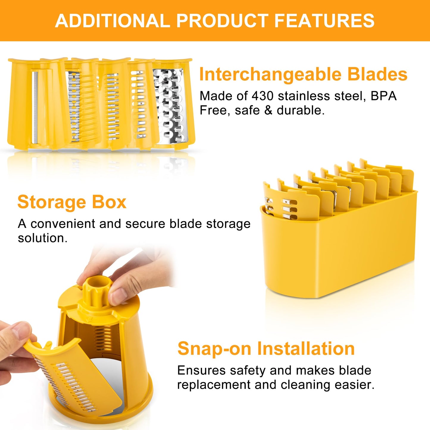 SUSTEAS Rotary Cheese Grater with Handle, Vegetable Food Shredder with 5 Well-designed Blades & Strong Suction Base, Round Mandoline Slicer & Fruit Slicer for Kitchen(Yellow)