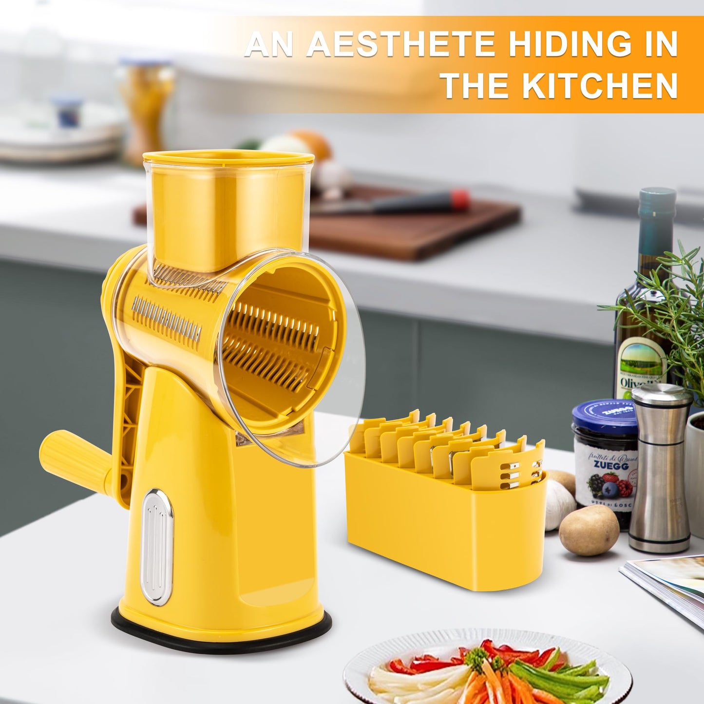 SUSTEAS Rotary Cheese Grater with Handle, Vegetable Food Shredder with 5 Well-designed Blades & Strong Suction Base, Round Mandoline Slicer & Fruit Slicer for Kitchen(Yellow)