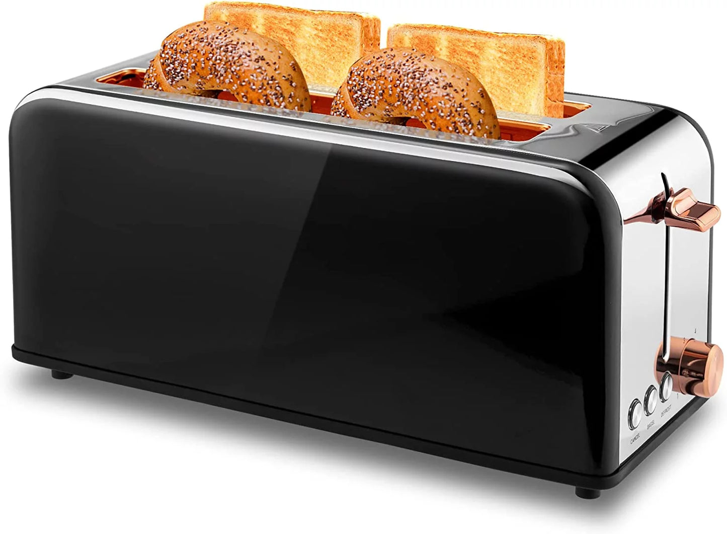 Susteas Stainless Steel Black Toaster 4 Slice Wide Slot, 2 Long Slot Toaster, 6 Browning Levels (1500W)