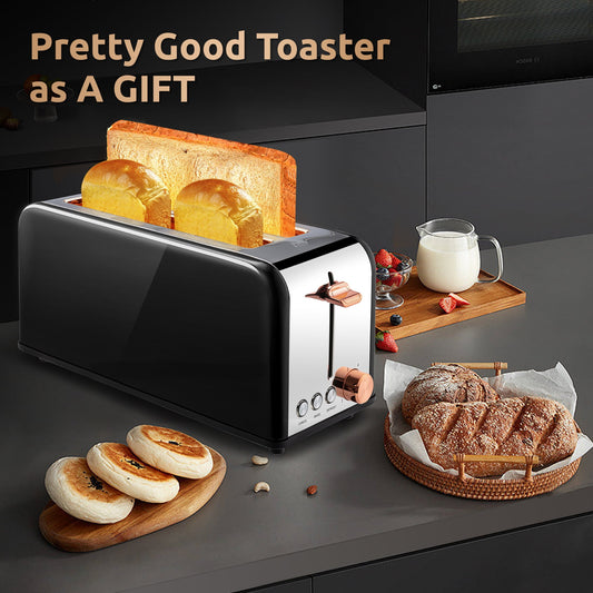 Susteas Stainless Steel Black Toaster 4 Slice Wide Slot, 2 Long Slot Toaster, 6 Browning Levels (1500W)