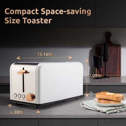 Susteas Stainless Steel White Toaster 4 Slice Wide Slot, 2 Long Slot Toaster, 6 Browning Levels (1500W)