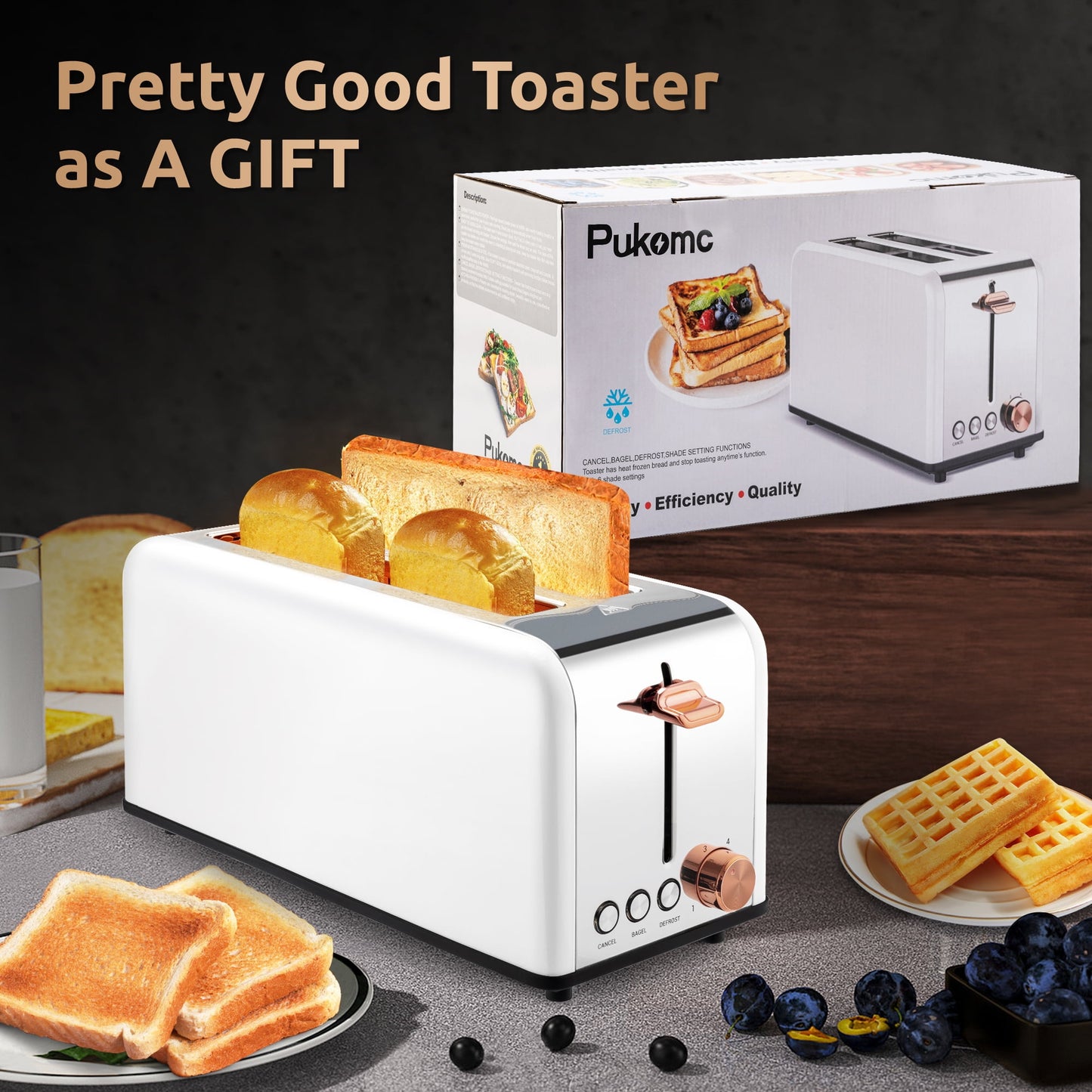 Susteas Stainless Steel White Toaster 4 Slice Wide Slot, 2 Long Slot Toaster, 6 Browning Levels (1500W)