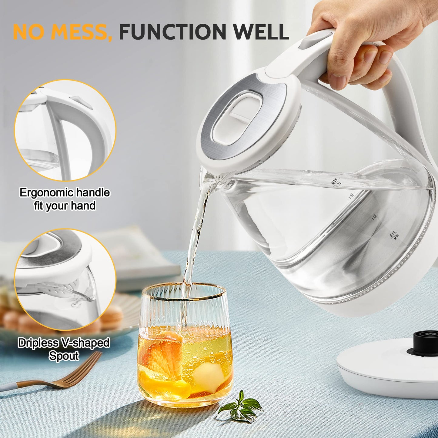 Electric Kettle - 1.7L Hot Water Boiler - Glass Tea kettle with Wide Opening and Led Indicator, Auto Shut-Off and Boil-Dry Protection