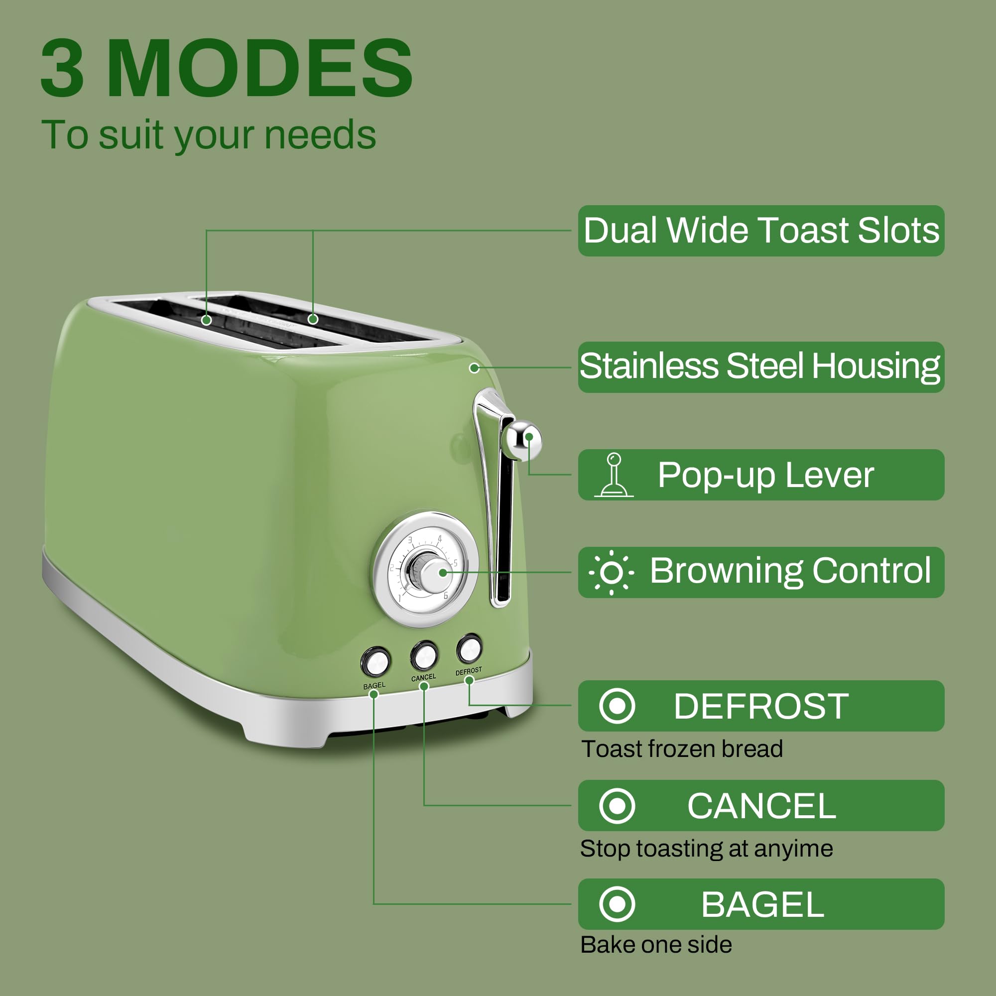 SUSTEAS Toaster 4 Slice Wide Slot, Stainless Steel Bread Toasters
