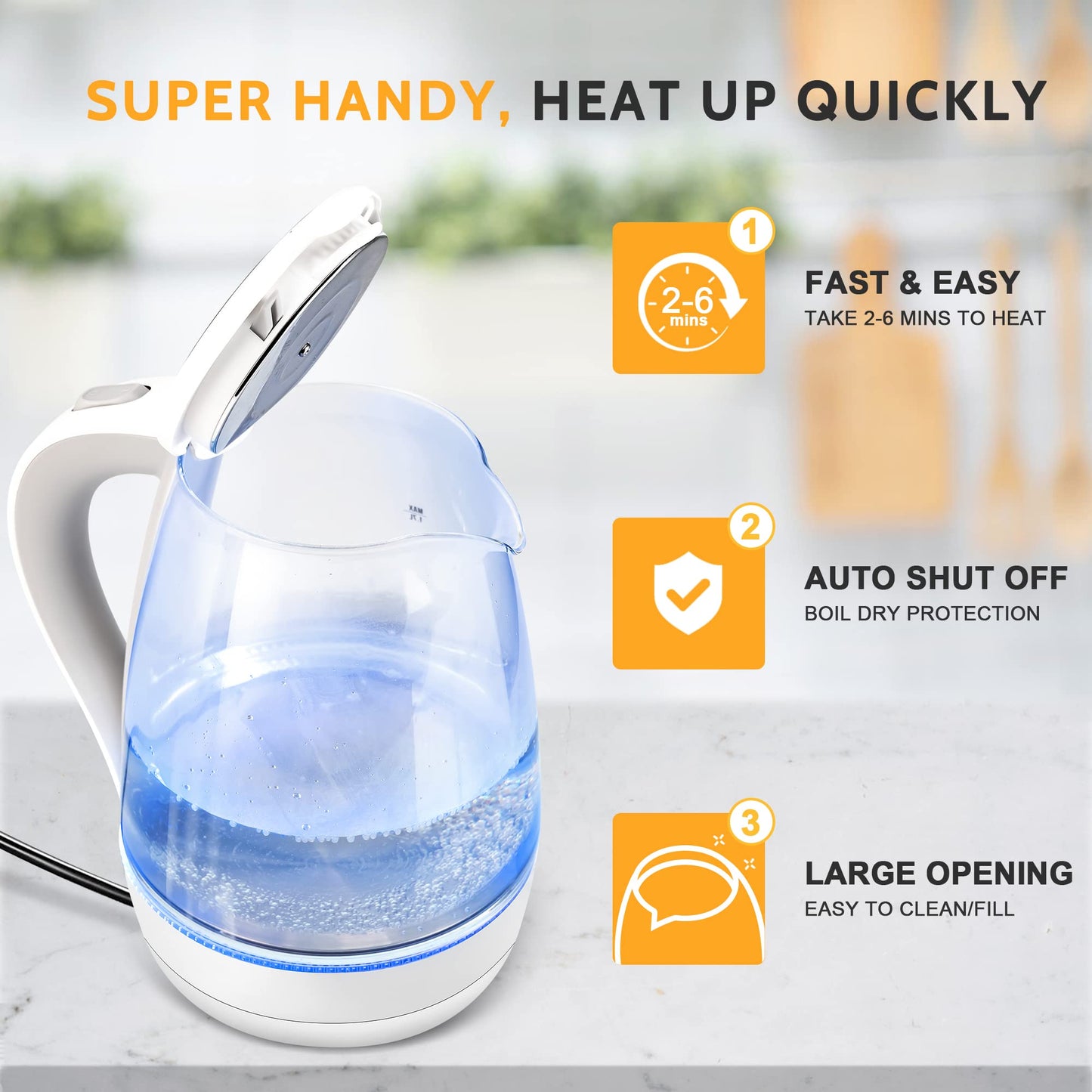 Electric Kettle - 1.7L Hot Water Boiler - Glass Tea kettle with Wide Opening and Led Indicator, Auto Shut-Off and Boil-Dry Protection