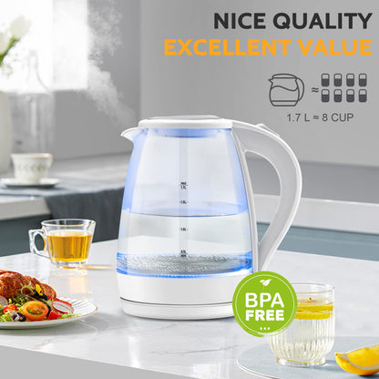 Electric Kettle - 1.7L Hot Water Boiler - Glass Tea kettle with Wide Opening and Led Indicator, Auto Shut-Off and Boil-Dry Protection