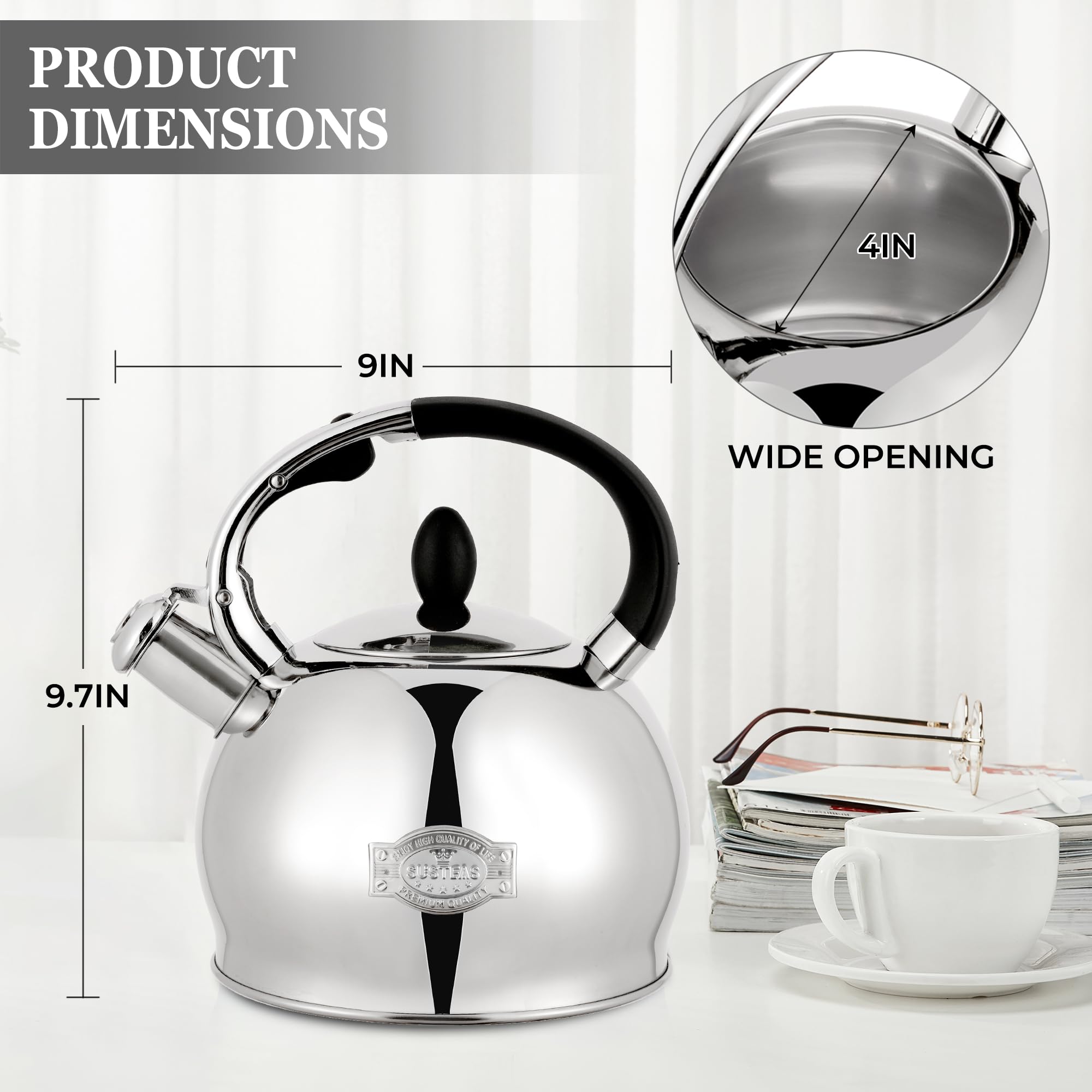 SUSTEAS® Whistling Tea Kettle Stainless Steel for Gas & Induction