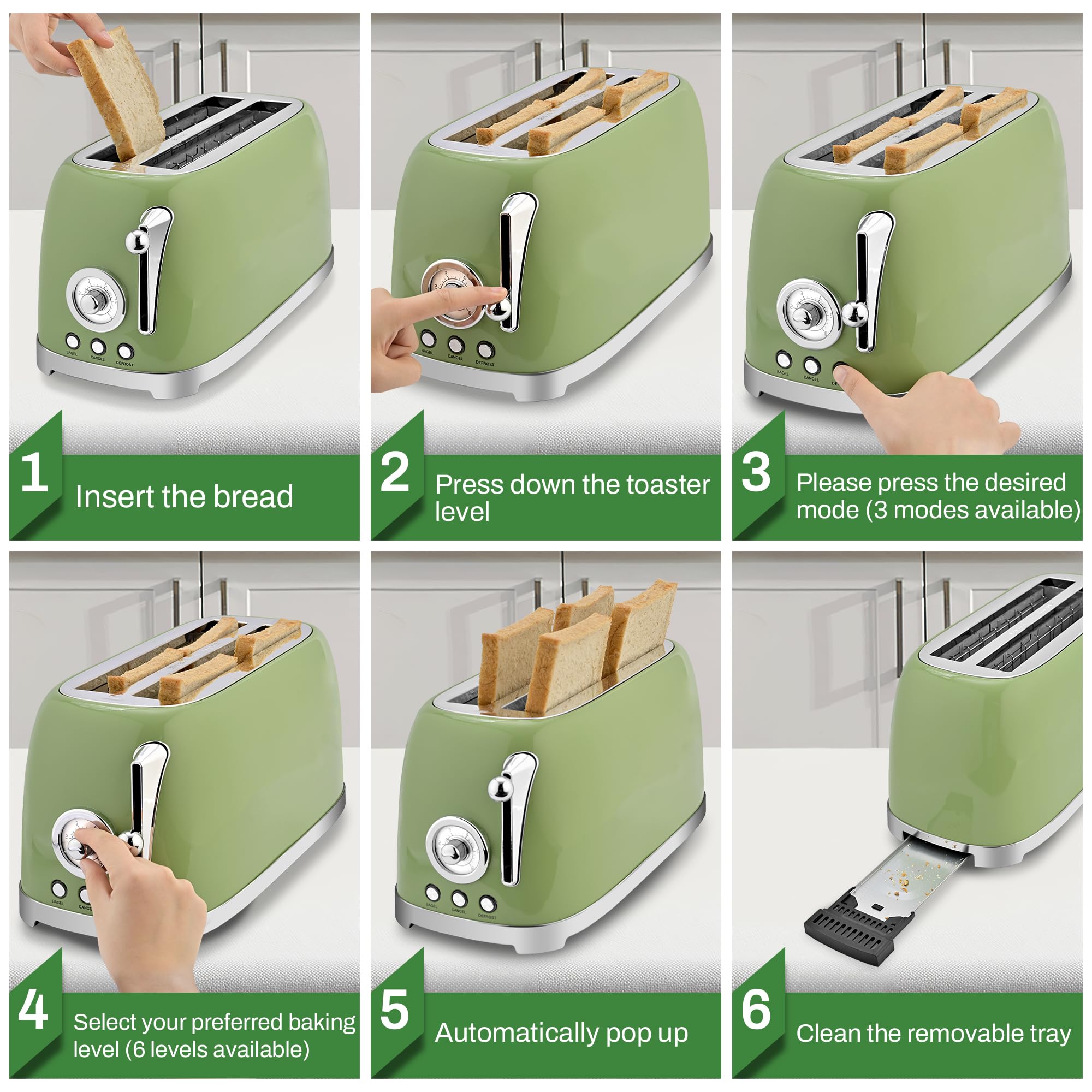 SUSTEAS Toaster 4 Slice Wide Slot, Stainless Steel Bread Toasters