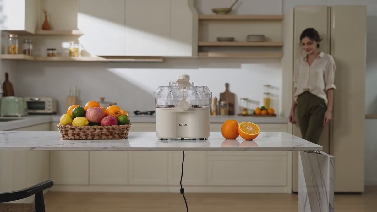Load video: SUSTEAS Electric Citrus Juicer with Dual-Head Press &amp; Built-In Cutter D-8117C