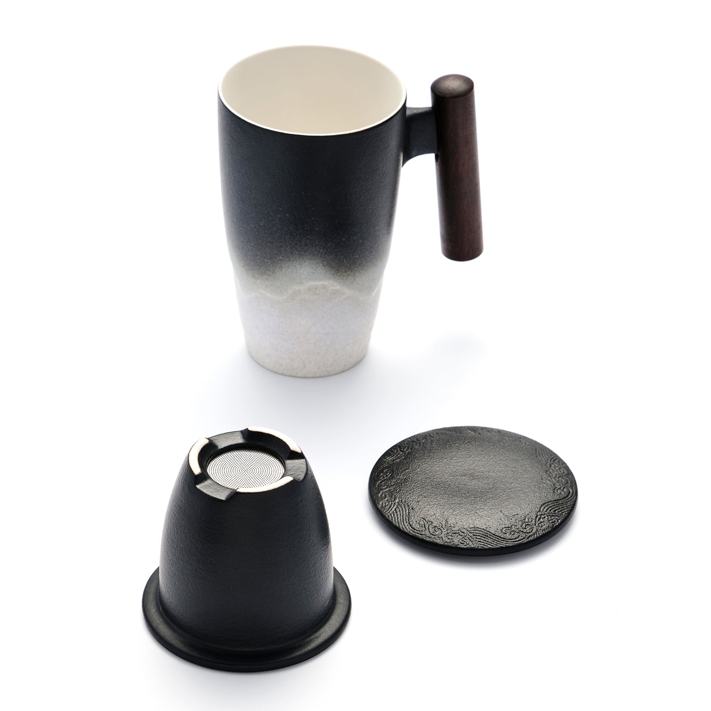 Tomotime Ceramic Tea Cup with Infuser and Lid Tea Mugs Wooden Handle 400ml/13.5oz (Black White)