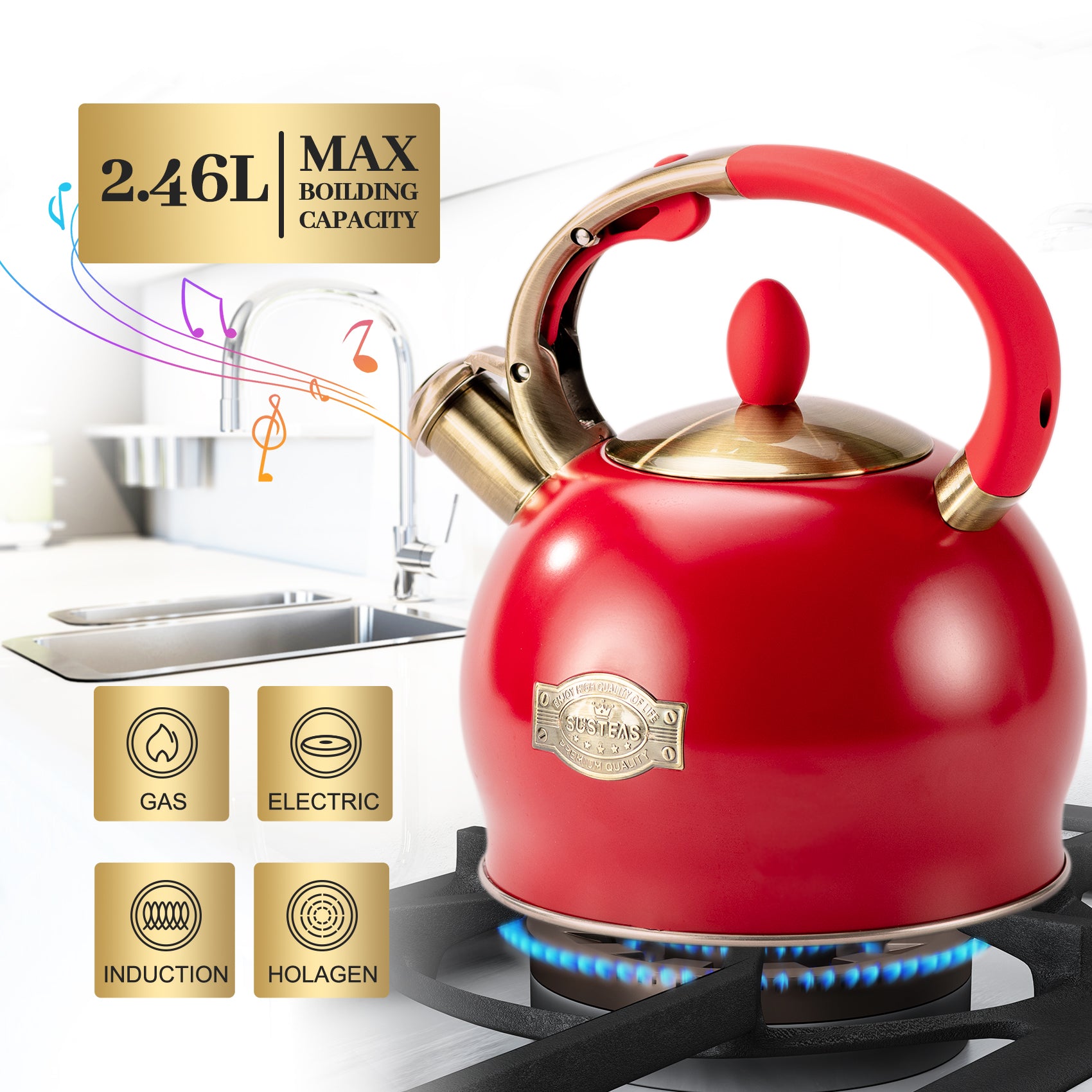 SUSTEAS Stove Top Whistling Tea Kettle-Surgical Stainless Steel